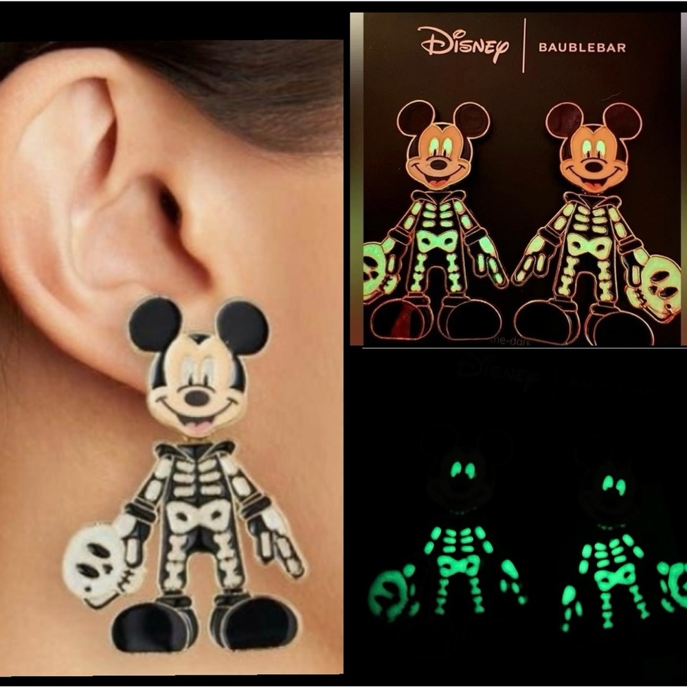 BaubleBar Halloween Mickey Mouse skeleton glow-in-the-dark earrings / NEW in box